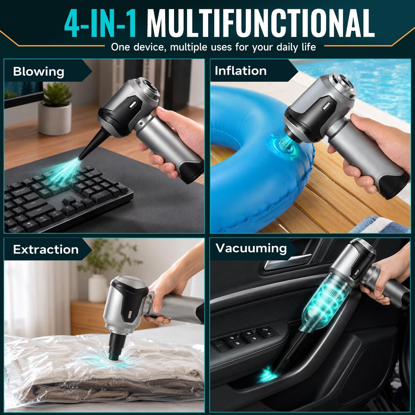 Handstaubsauger Akku Autostaubsauger Auto Stark, 26000Pa 4-in-1 Mini Staubsauger Kabellos, Car Vacuum Cleaner Air Duster, Tragbar, Leicht und Wiederaufladbar für Auto, Zuhause und Haustiere, Silber