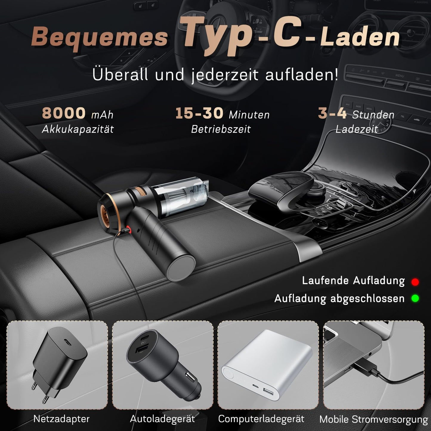 MILFECH 4-in-1 Handstaubsauger Akku,22000Pa Autostaubsauger mit Bürstenloser Motor,3-Gang 180000 U/min Handstaubsauger Kabellos,Mini Staubsauger für Auto,Haus,Tierhaare(Schwarz)