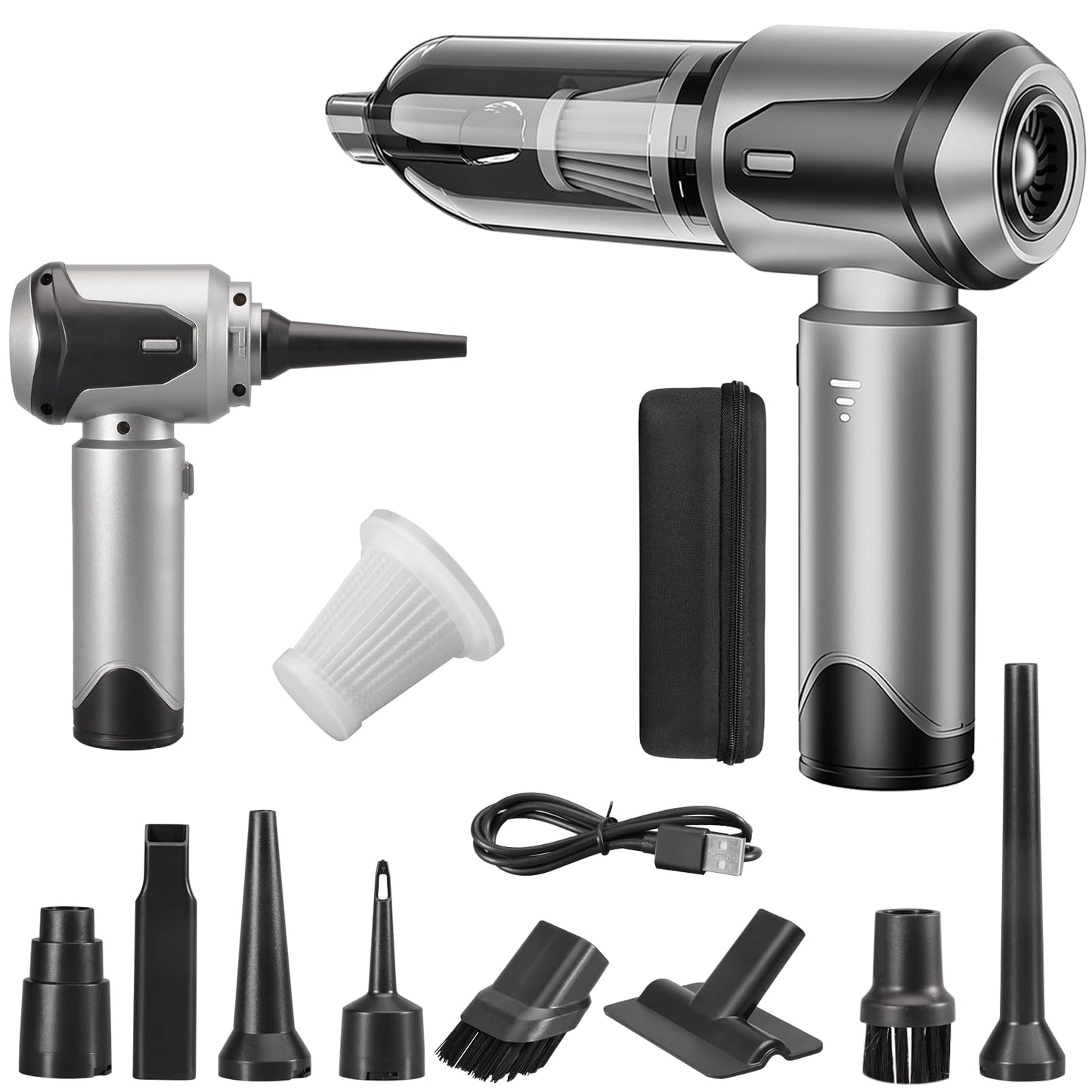 Handstaubsauger Akku Autostaubsauger Auto Stark, 26000Pa 4-in-1 Mini Staubsauger Kabellos, Car Vacuum Cleaner Air Duster, Tragbar, Leicht und Wiederaufladbar für Auto, Zuhause und Haustiere, Silber