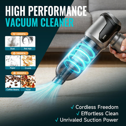 Handstaubsauger Akku Autostaubsauger Auto Stark, 26000Pa 4-in-1 Mini Staubsauger Kabellos, Car Vacuum Cleaner Air Duster, Tragbar, Leicht und Wiederaufladbar für Auto, Zuhause und Haustiere, Silber