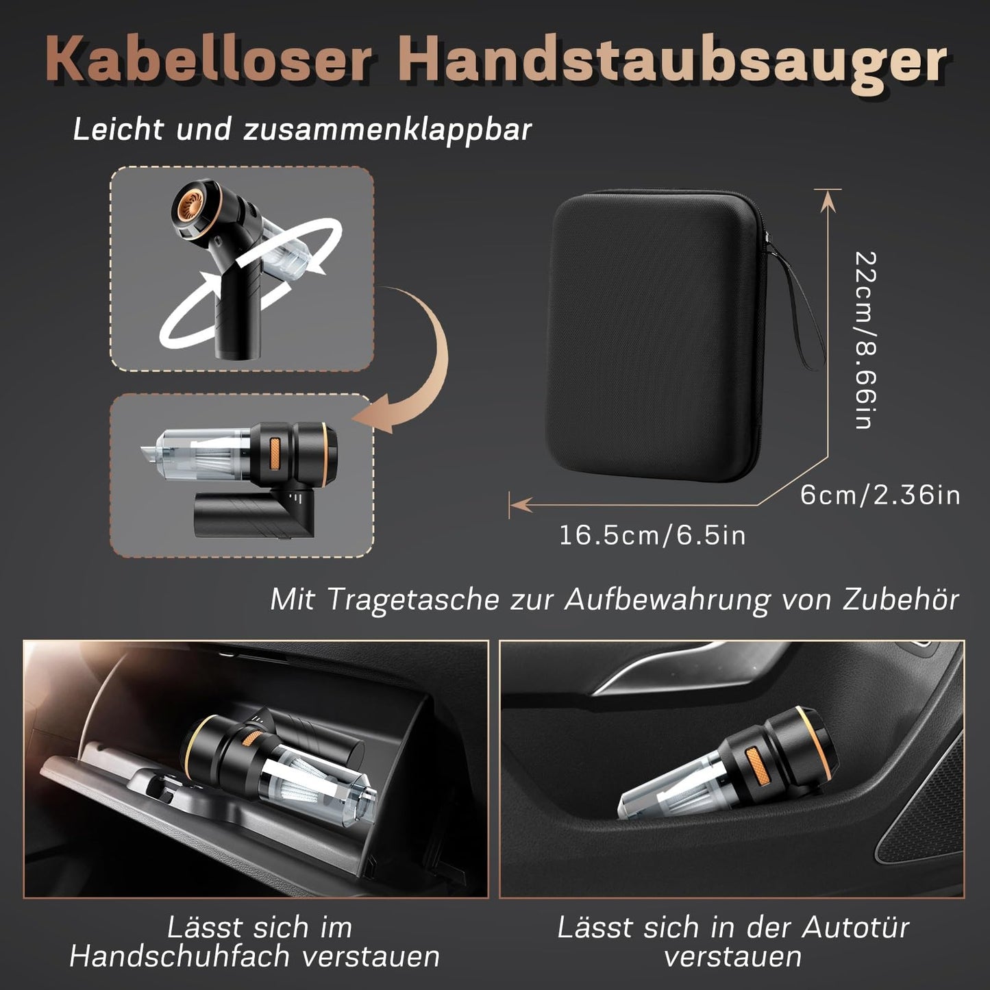 MILFECH 4-in-1 Handstaubsauger Akku,22000Pa Autostaubsauger mit Bürstenloser Motor,3-Gang 180000 U/min Handstaubsauger Kabellos,Mini Staubsauger für Auto,Haus,Tierhaare(Schwarz)