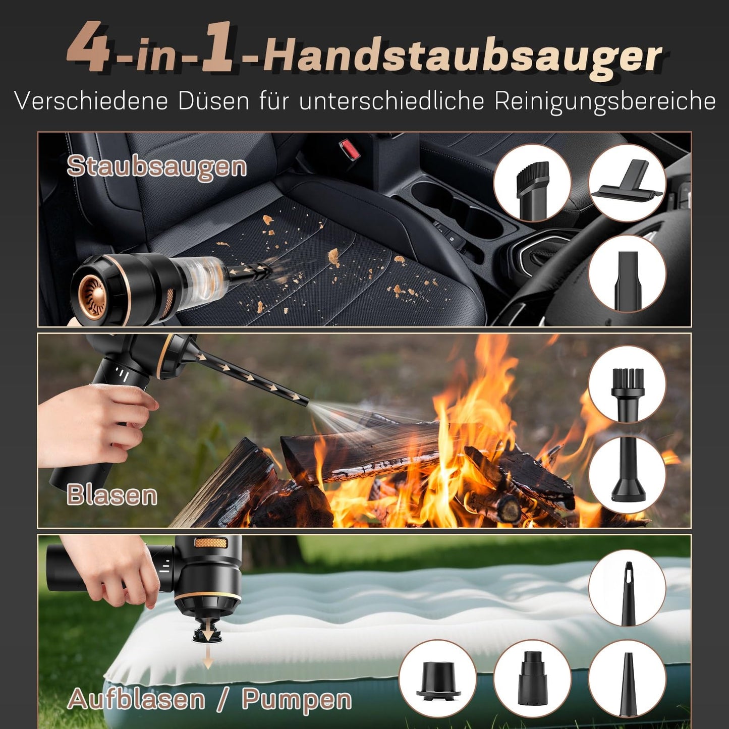 MILFECH 4-in-1 Handstaubsauger Akku,22000Pa Autostaubsauger mit Bürstenloser Motor,3-Gang 180000 U/min Handstaubsauger Kabellos,Mini Staubsauger für Auto,Haus,Tierhaare(Schwarz)